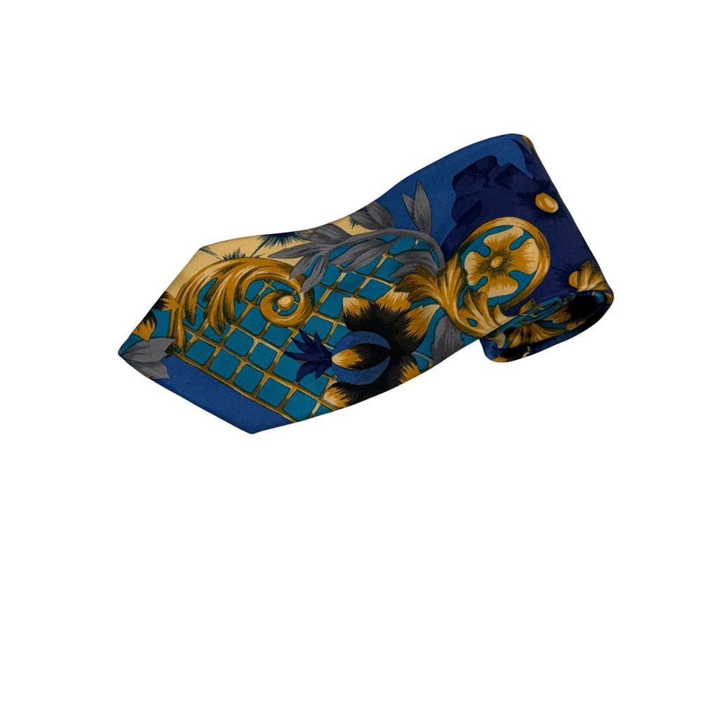 Ted Lapidus Silk Necktie Mens OS Blue Gold Excellent Vintage 1990 Baroque Floral